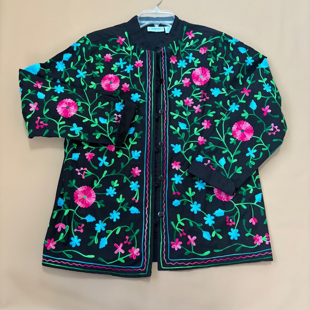 National Floral Embroidered Jacket shirt Womens M pocket Boho colorful artsy fun